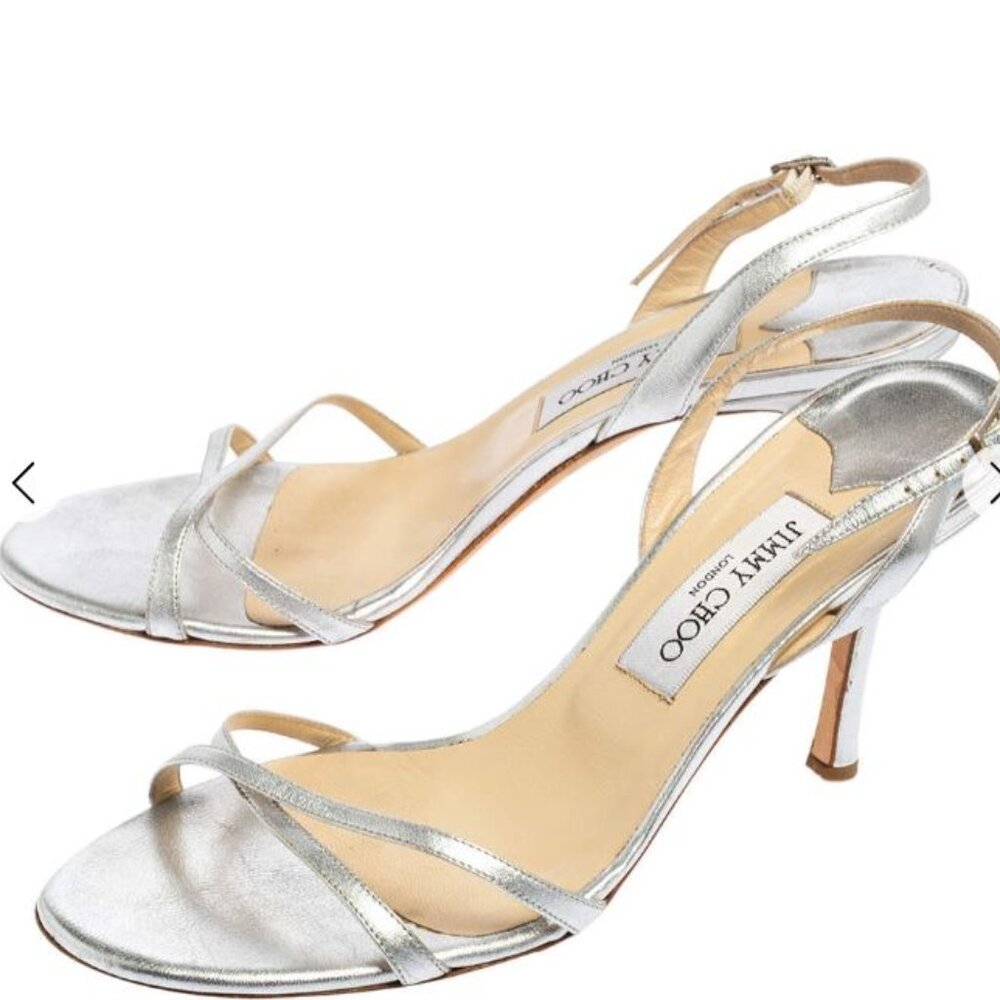 Jimmy Choo Silver Leather Jag Slingback Sandals